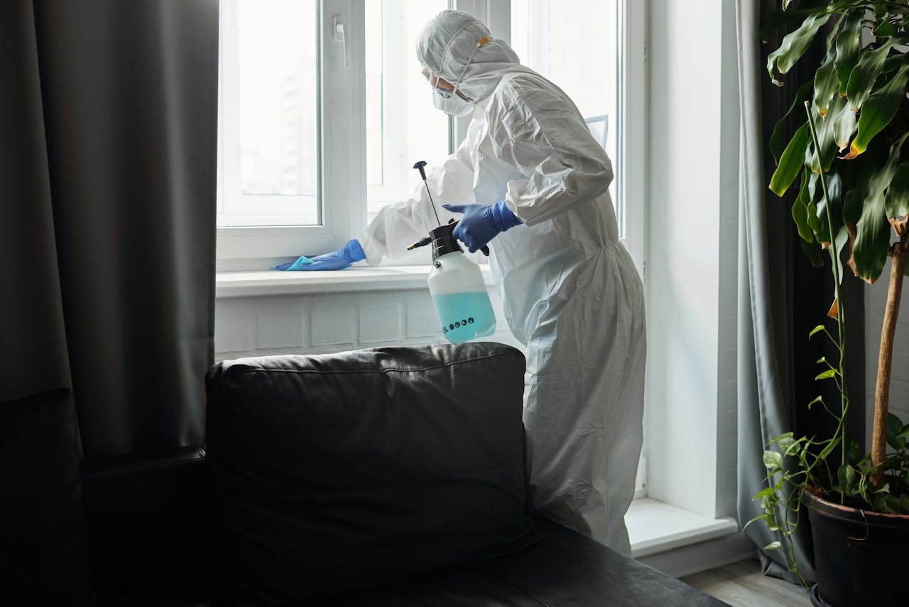 about-01 Person in PPE disinfecting indoor window area during COVID-19 pandemic.